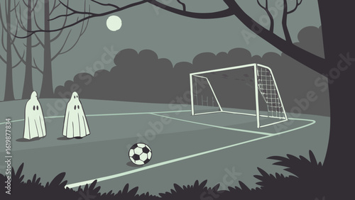 Two friendly ghosts enjoy a spooky night of soccer on a deserted field under a full moon ready for a game