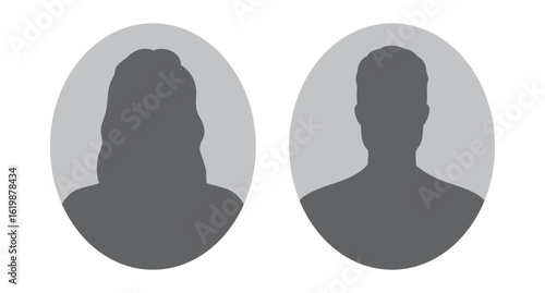 woman and man silhouette avatars or profile gray icon in oval. male and female portraits, anonymous people icons in oval shape