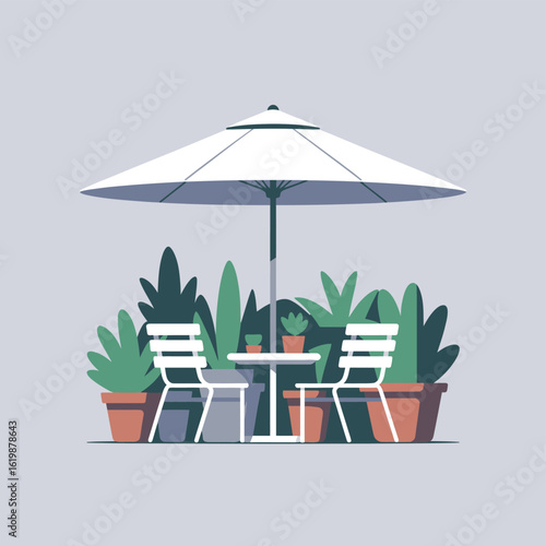 Cozy outdoor seating area with chairs table and umbrella surrounded by plants