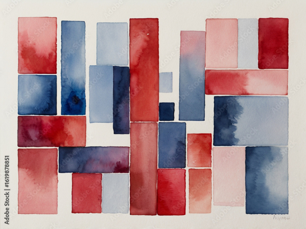Fototapeta premium Abstract watercolor rectangles in red blue and pink geometric