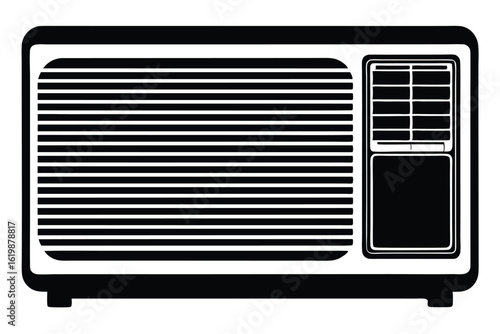 Black and white illustration of a vintage air conditioner unit with vents and controls