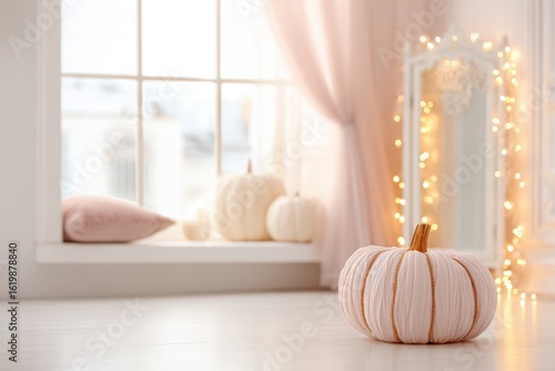 Elegant Pastel Pumpkin Decor in Cozy Minimalist Room with Fairy Lights.