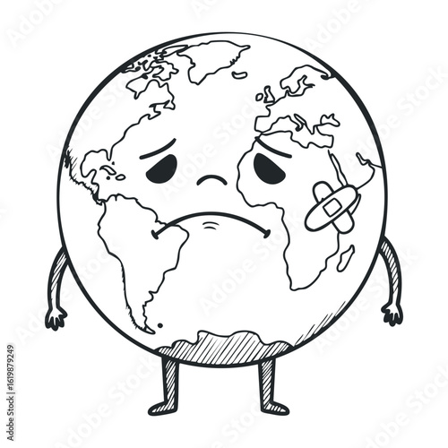 Sad earth cartoon with band-aid symbolizing environmental concerns and global issues. Vector illustration