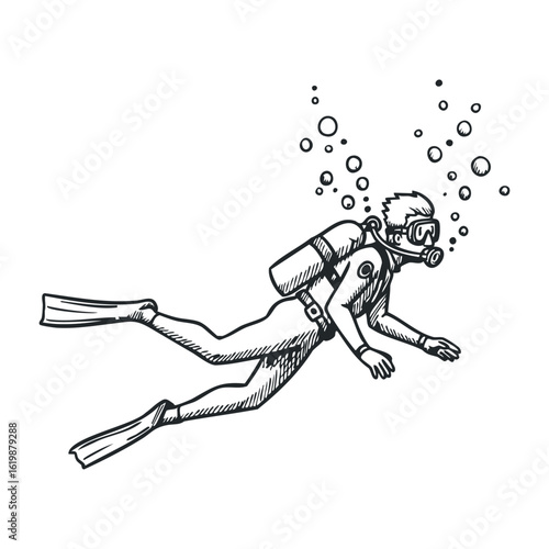 Male diver in scuba gear and flippers swimming underwater with bubbles. Vector illustration