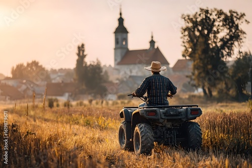 A farmer rides an ATV through a golden field at sunset near a church.
