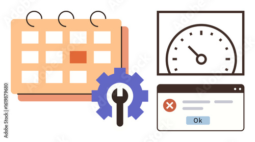 Calendar, settings gear, speedometer, and error message reflecting scheduling, system optimization, efficiency tracking, and error resolution. Ideal for productivity, software tools workflow