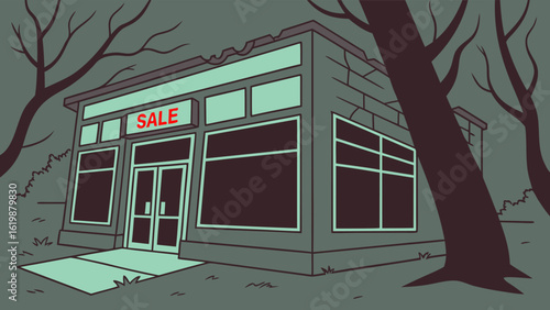A vacant storefront with a prominent red sale sign surrounded by dark bare trees suggesting a potential closure or end of an era