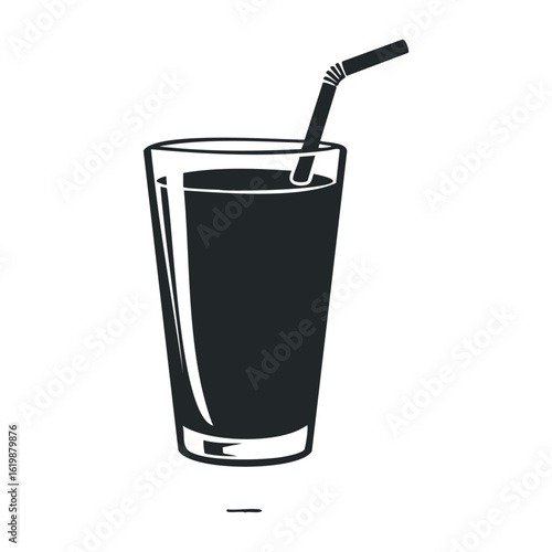 Black and white silhouette of a drink glass with straw illustration. Vector illustration