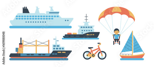 Collection of diverse transportation vehicles and objects