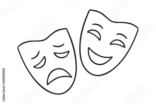 Two ancient traditional theatrical mask. greek game human masks doodle hand drawn icon. Outline drawing Comedy and tragedy mask line clipart symbol