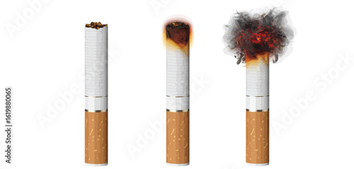 Three cigarettes in different stages of burning on a white background