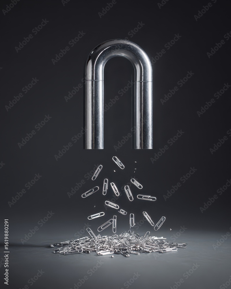Obraz premium Magnet Attracting Clips, Office Setting, Dark Background, Illustrative Concept