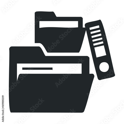 Black folder and document set icon with organizational elements for office and business uses. Vector illustration