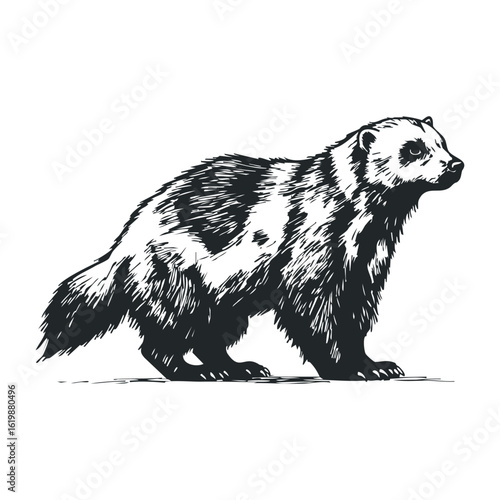 Black and white wolverine illustration with detailed fur and bold design. Vector illustration