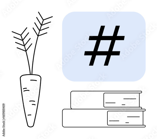 metadata tag symbol in blue square, minimal carrot sketch, two stacked books. Ideal for education, social media, agriculture, digital trends, learning concepts, organic themes simple landing page