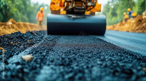Road construction asphalt layers, paving machine laying blacktop, construction team compacting with steamroller, urban transportation infrastructure being developed