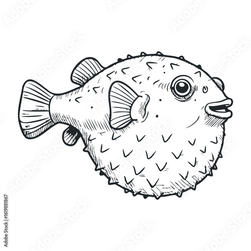 Hand-drawn puffer fish illustration with detailed black lines and textured scales. Vector illustration