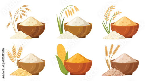 Six bowls of different types of flour and grains