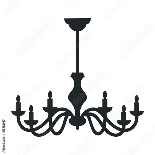 Elegant black chandelier silhouette with multiple candle-shaped lights. Vector illustration