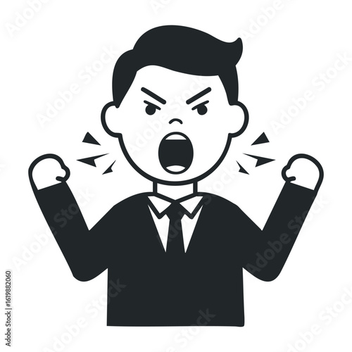 Angry young male character shouting in black suit with raised fists. Vector illustration