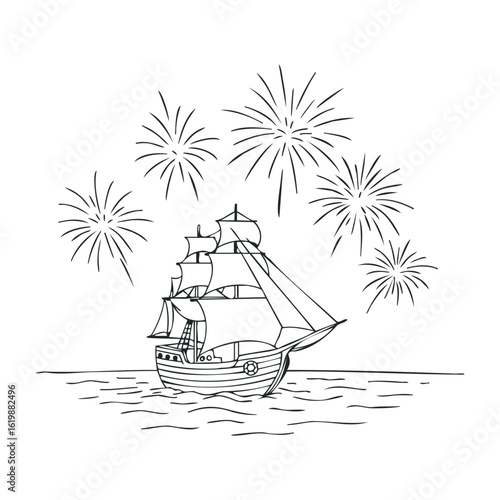 Vintage ship with fireworks in a seascape outline drawing. Vector illustration