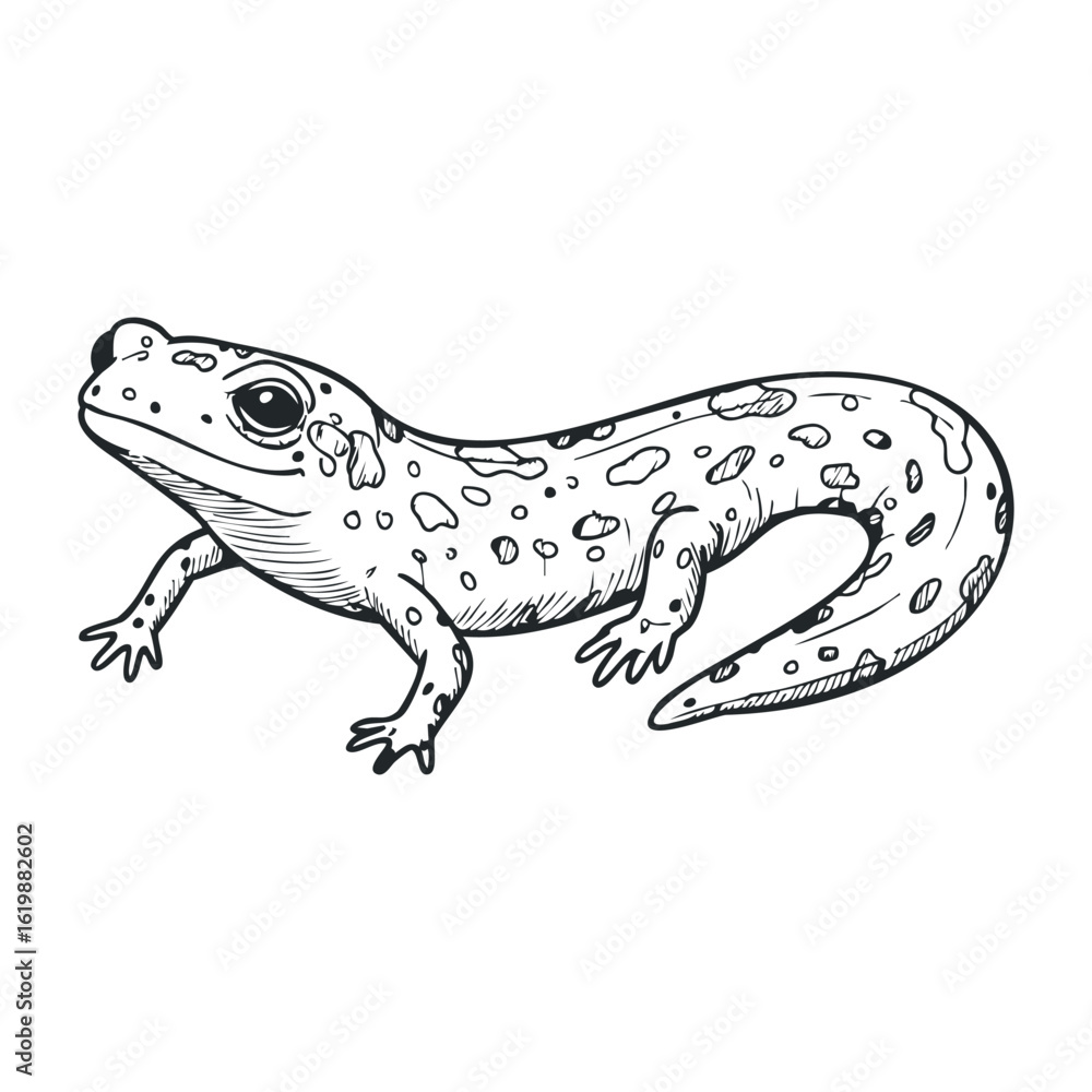 Naklejka premium Detailed black and white gecko sketch with spotted pattern and intricate lines. Vector illustration
