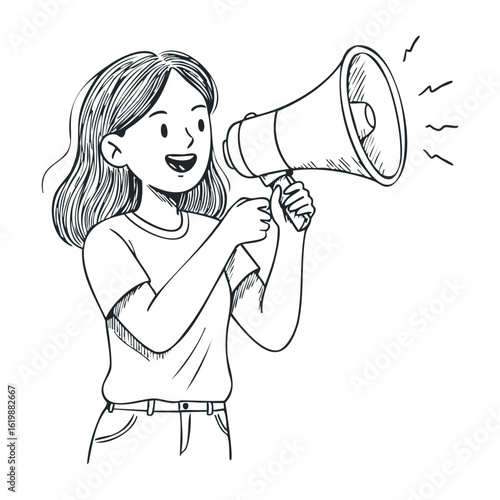 Young asian female announcing with megaphone. Vector illustration