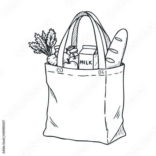 Sketch of a grocery bag with vegetables, milk, and bread. Vector illustration
