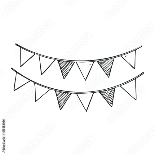 Black and white hand-drawn festive bunting flags sketch for celebrations. Vector illustration