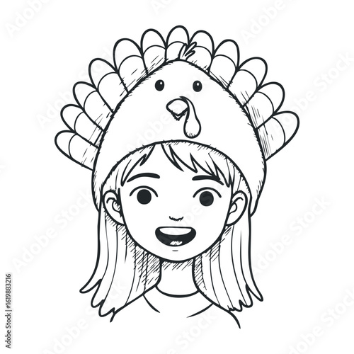 Young caucasian female child in turkey hat sketch with happy expression. Vector illustration