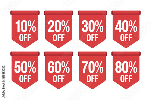Collection of red sale banners with percentage discounts off