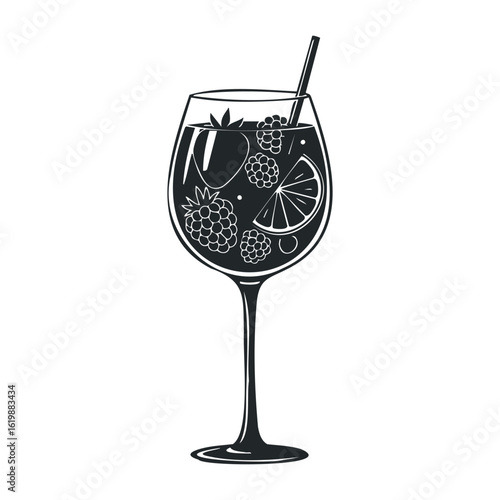 Black and white sangria glass with fruits and straw design. Vector illustration