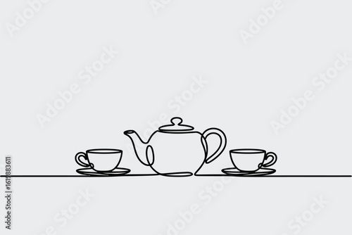 Minimalist single line drawing of a teapot and two cups on saucers