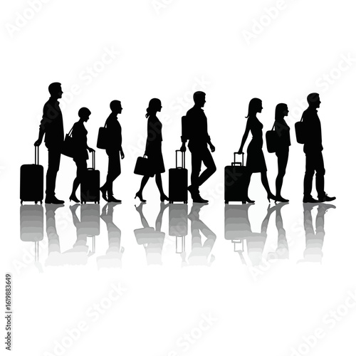 Group of people traveling with luggage silhouette style for travel and tourism related design projects on transparent background