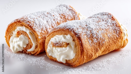 Three sugared cream rolls on white background