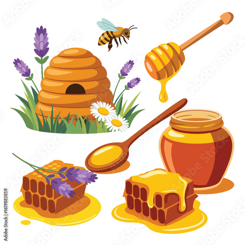 Sweet honeycomb and beehive with lavender and honey dipper