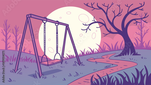 A solitary swing set stands beneath a large pale moon in a park with a winding path and bare trees evoking a sense of quiet solitude and twilight