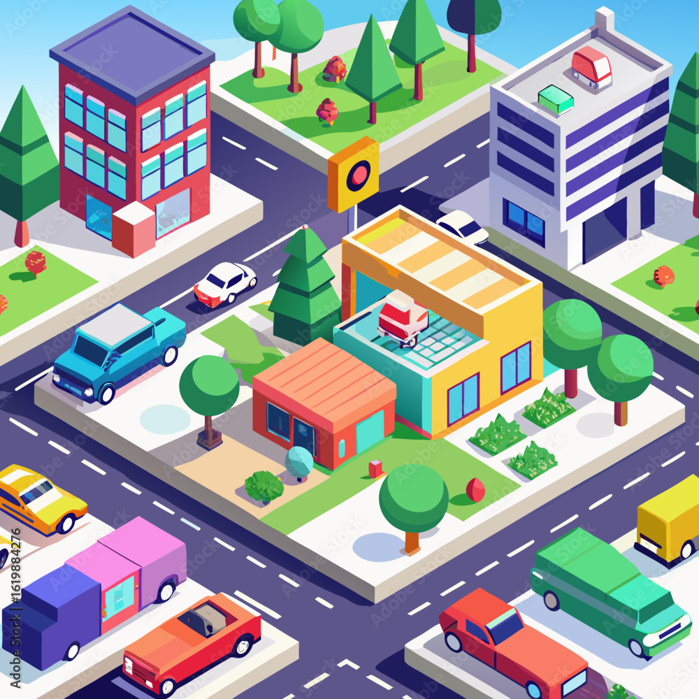Fototapeta premium Vibrant isometric cityscape with buildings and cars