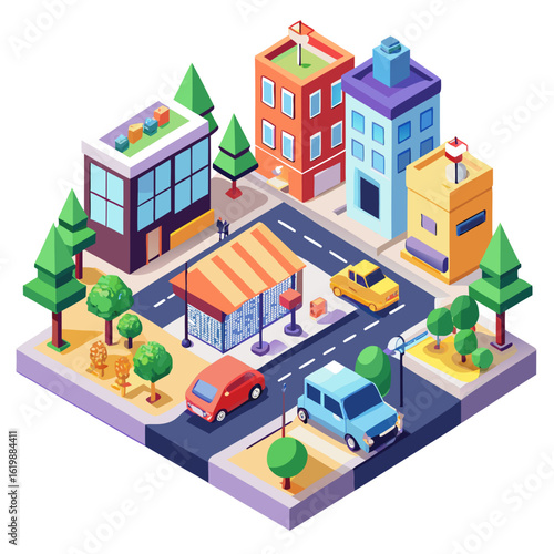 Isometric cityscape with buildings cars and trees