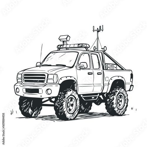 Sketch of customized off-road vehicle with large wheels and roof rack. Vector illustration