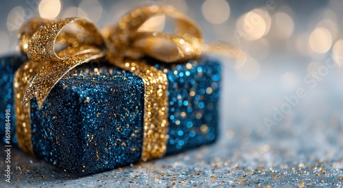 Elegant Blue Glitter Gift Box Close-up with Gold Ribbon, Holiday Gift Wrapping Concept, High-Resolution Detail, Isolated on White Background