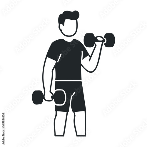Male figure lifting dumbbells for fitness and strength training workout. Vector illustration