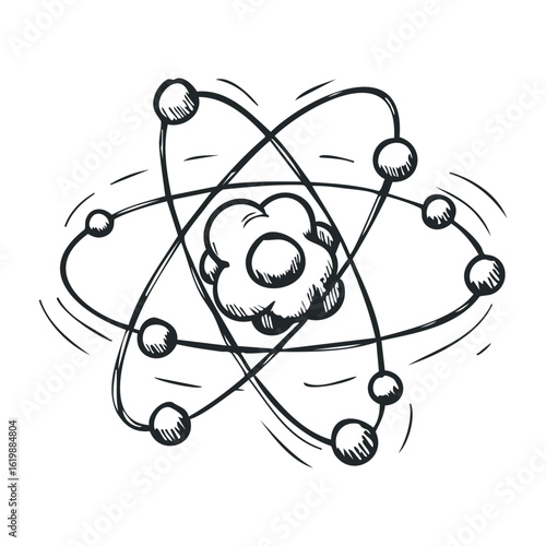 Hand-drawn atom diagram with circling electrons and central nucleus sketch. Vector illustration