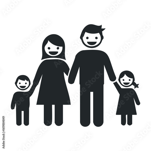 Simple black family icon featuring smiling parents and two children holding hands. Vector illustration