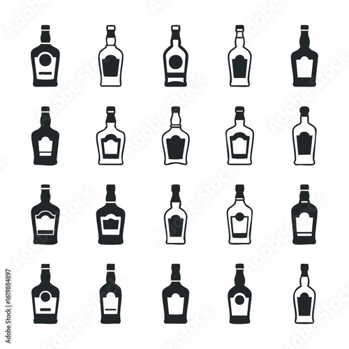 Set of various whiskey bottle silhouettes in black and white pattern. Vector illustration