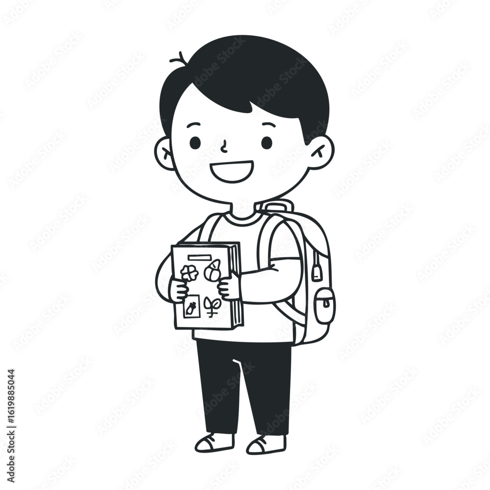 Asian child holding book and backpack smiling cartoon black and white drawing. Vector illustration Asian child holding book and backpack smiling cartoon black and white drawing. Vector illustration