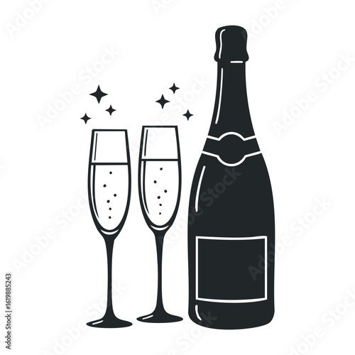 Black silhouette of sparkling wine bottle and glasses with bubbles and stars. Vector illustration