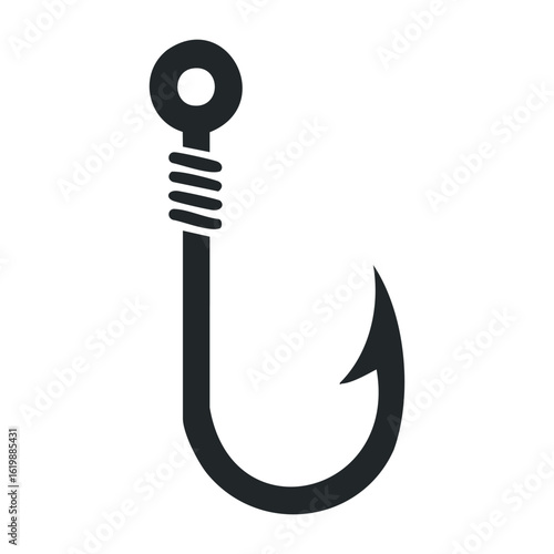 Monochrome fishing hook icon with coiled line design. Vector illustration