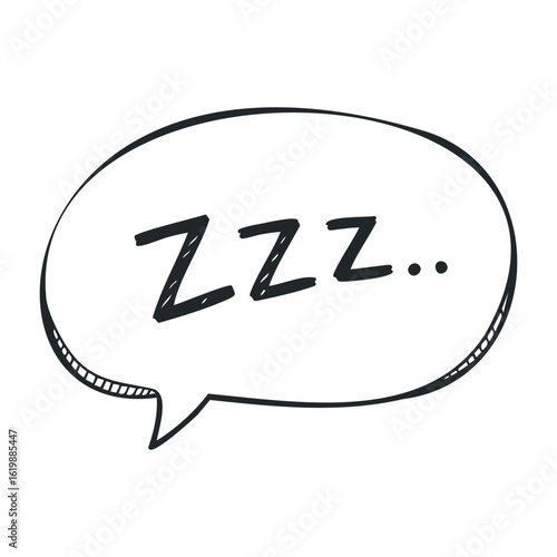 Comic speech bubble with "zzz..." text illustrating sleep or boredom in black and white. Vector illustration