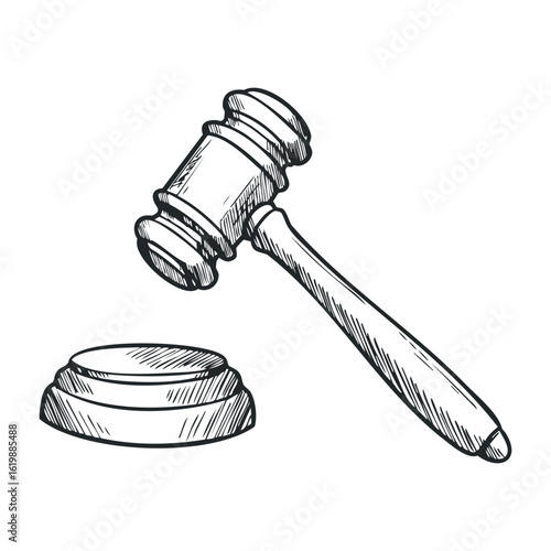 Hand-drawn judge gavel and sound block for legal themes. Vector illustration
